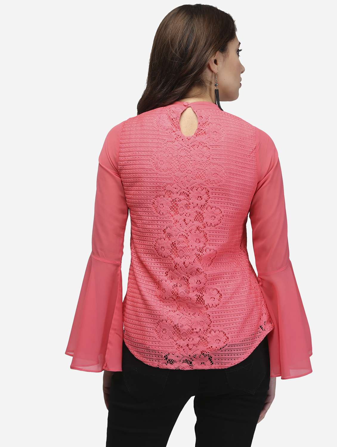 women peach solid bell sleeve lace top - 22068805 - Standard Image - 3