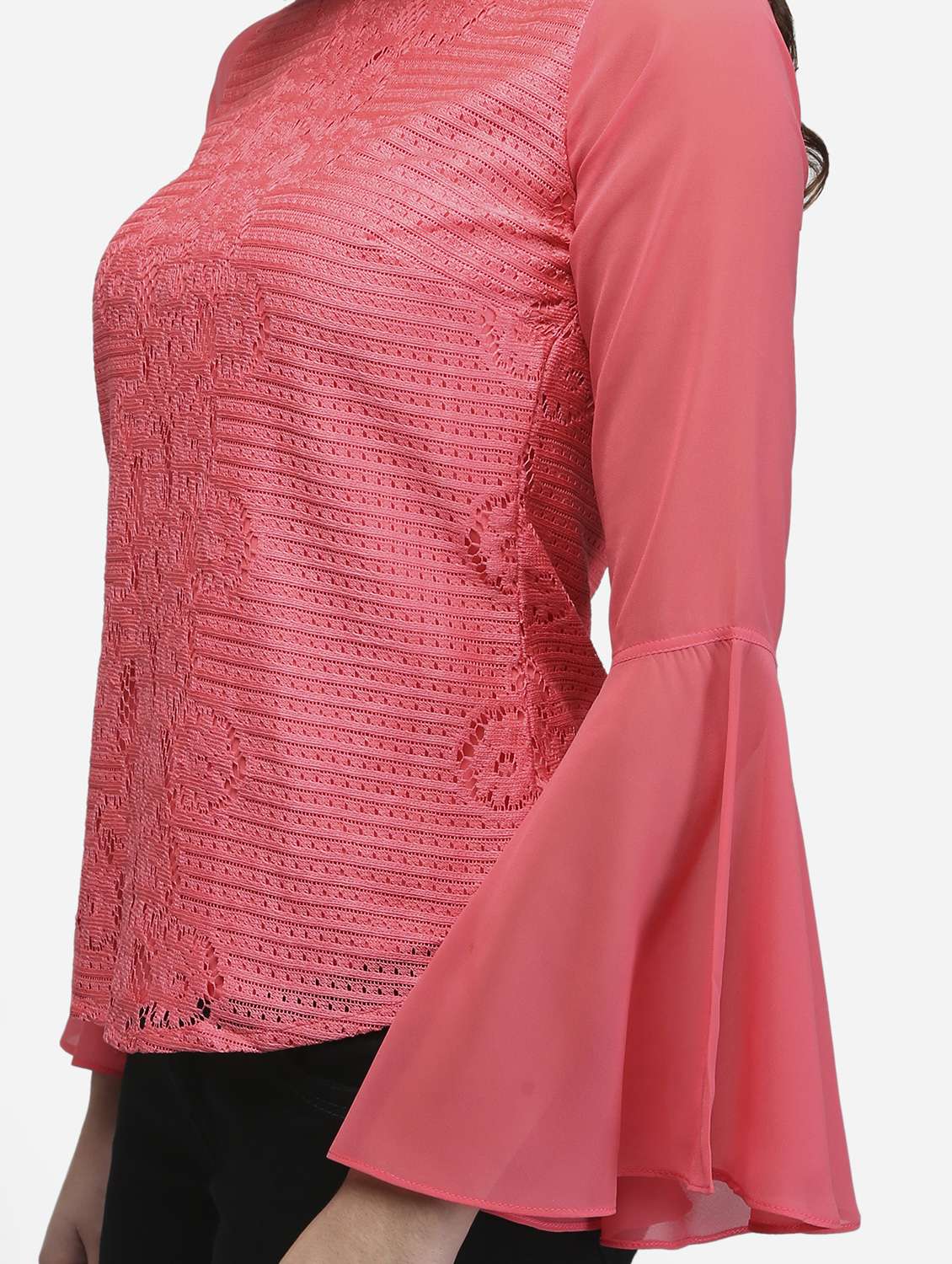 women peach solid bell sleeve lace top - 22068805 - Standard Image - 5
