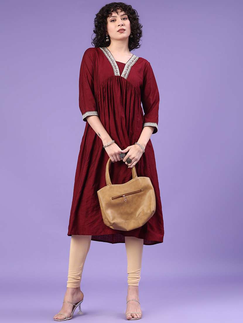 women solid three quarter sleeve a-line kurta