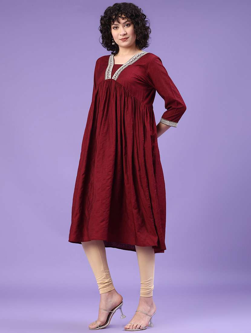women solid three quarter sleeve a-line kurta - 22068945 -  Standard Image - 3
