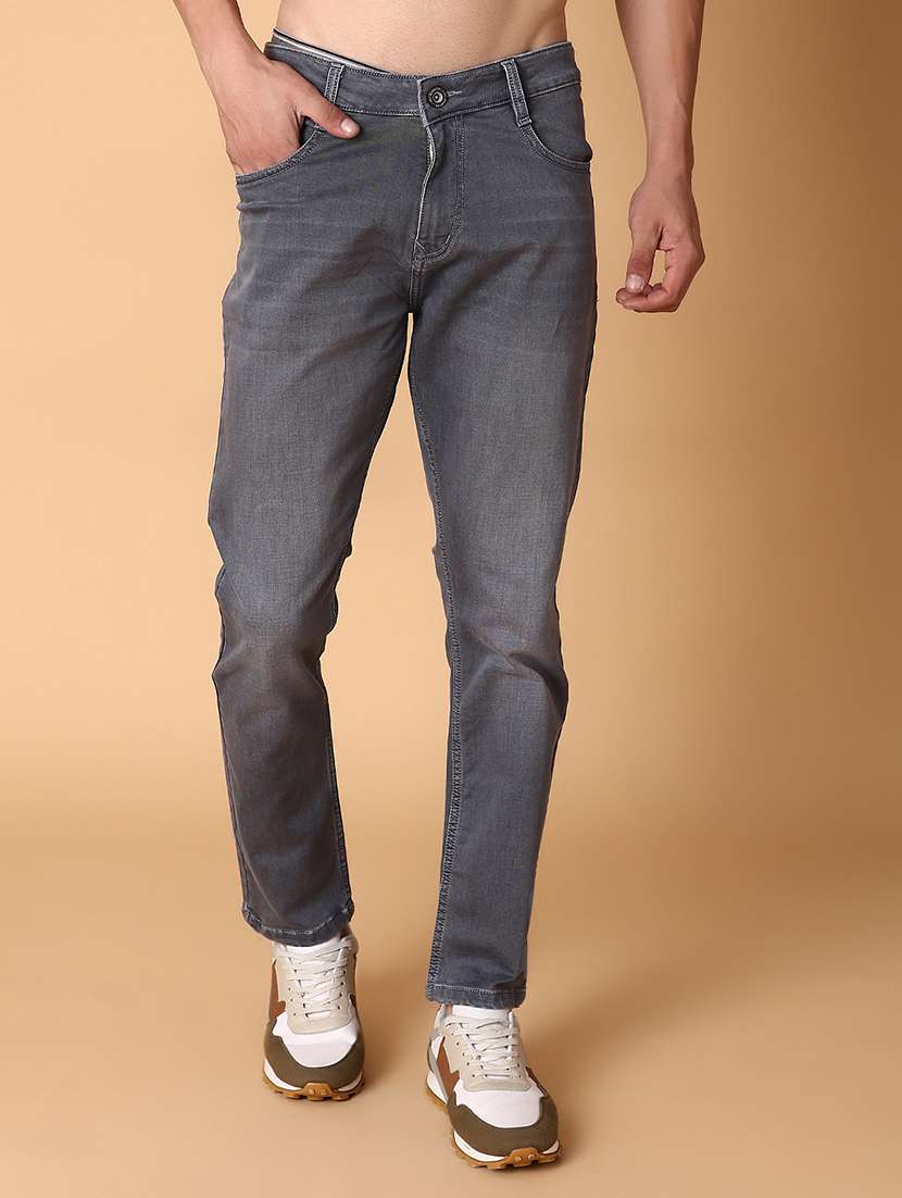 men washed mid rise full length jeans