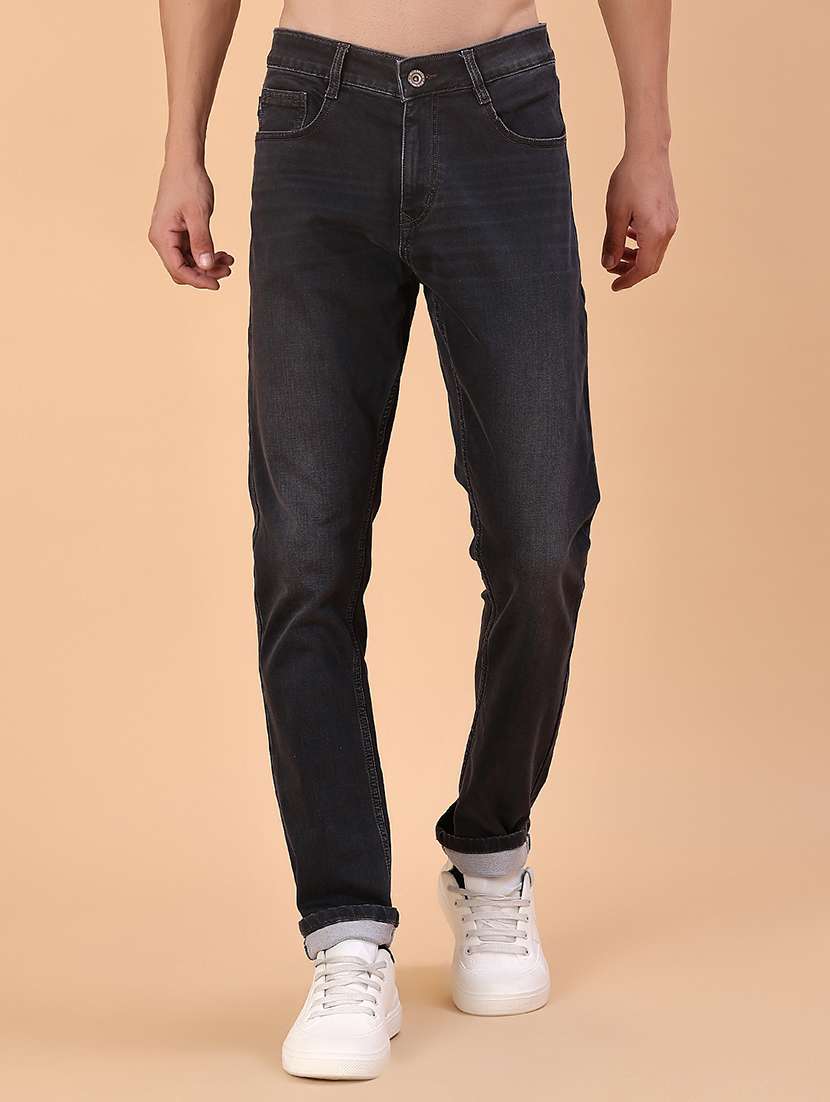 men washed mid rise full length jeans