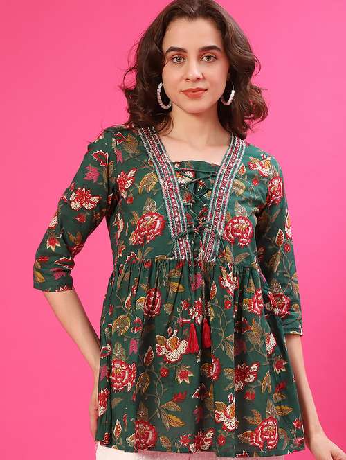 women floral printed three quarter sleeve flared kurti - 22069048 -  Standard Image - 0