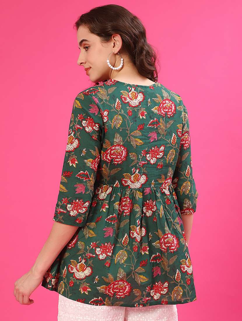 women floral printed three quarter sleeve flared kurti - 22069048 -  Standard Image - 3