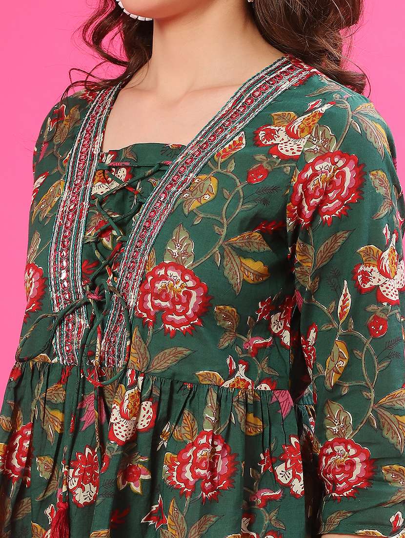 women floral printed three quarter sleeve flared kurti - 22069048 -  Standard Image - 5