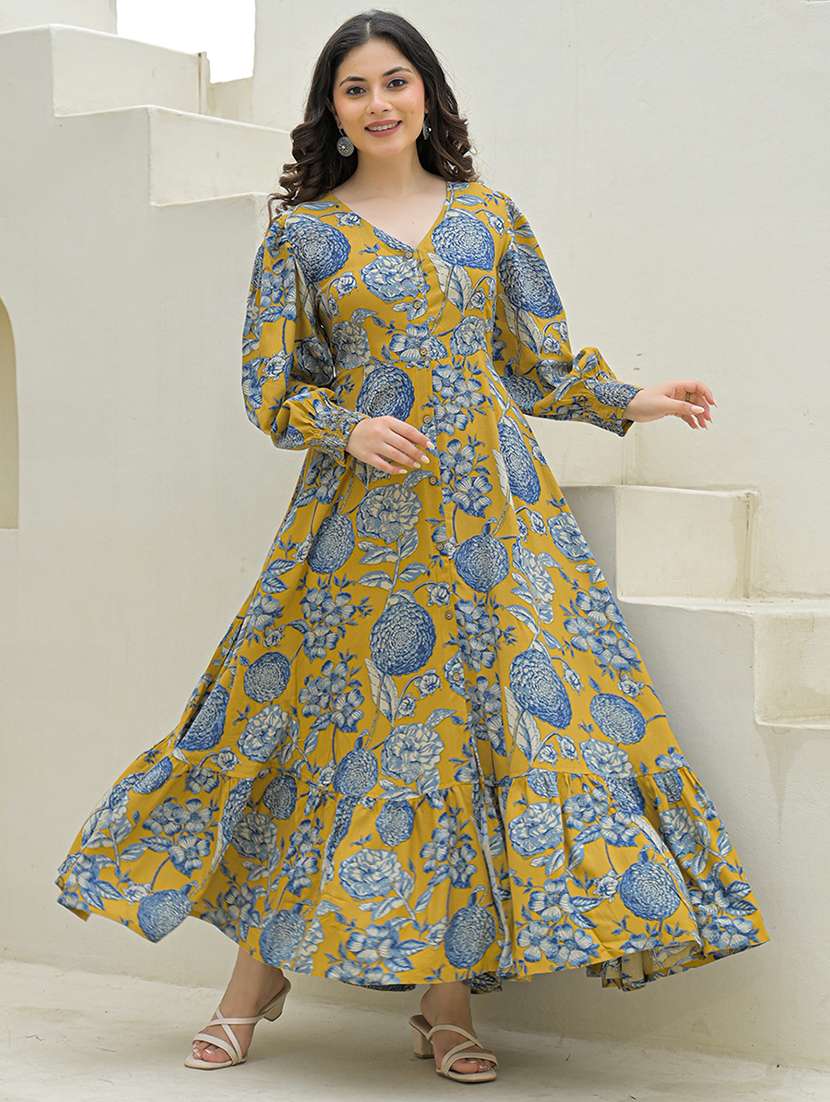 tiered maxi dress mustard floral print rayon