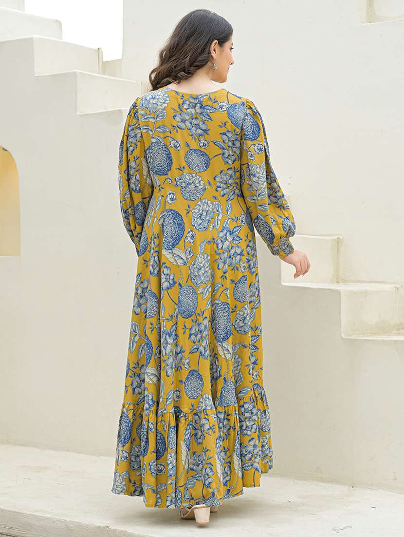 tiered maxi dress mustard floral print rayon - 22069135 -  Standard Image - 3