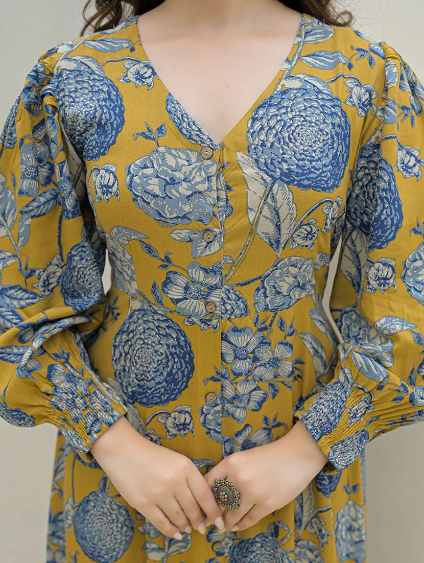 tiered maxi dress mustard floral print rayon - 22069135 -  Standard Image - 5