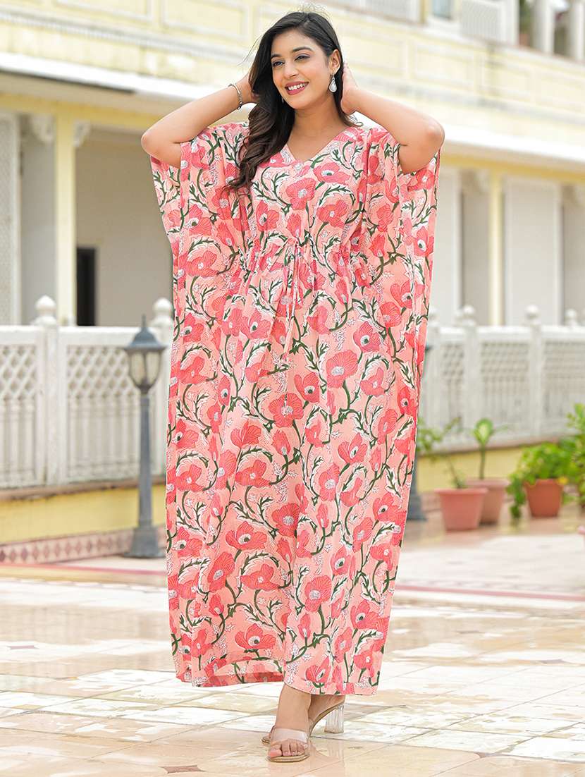 women floral print kimono sleeve kaftan dress