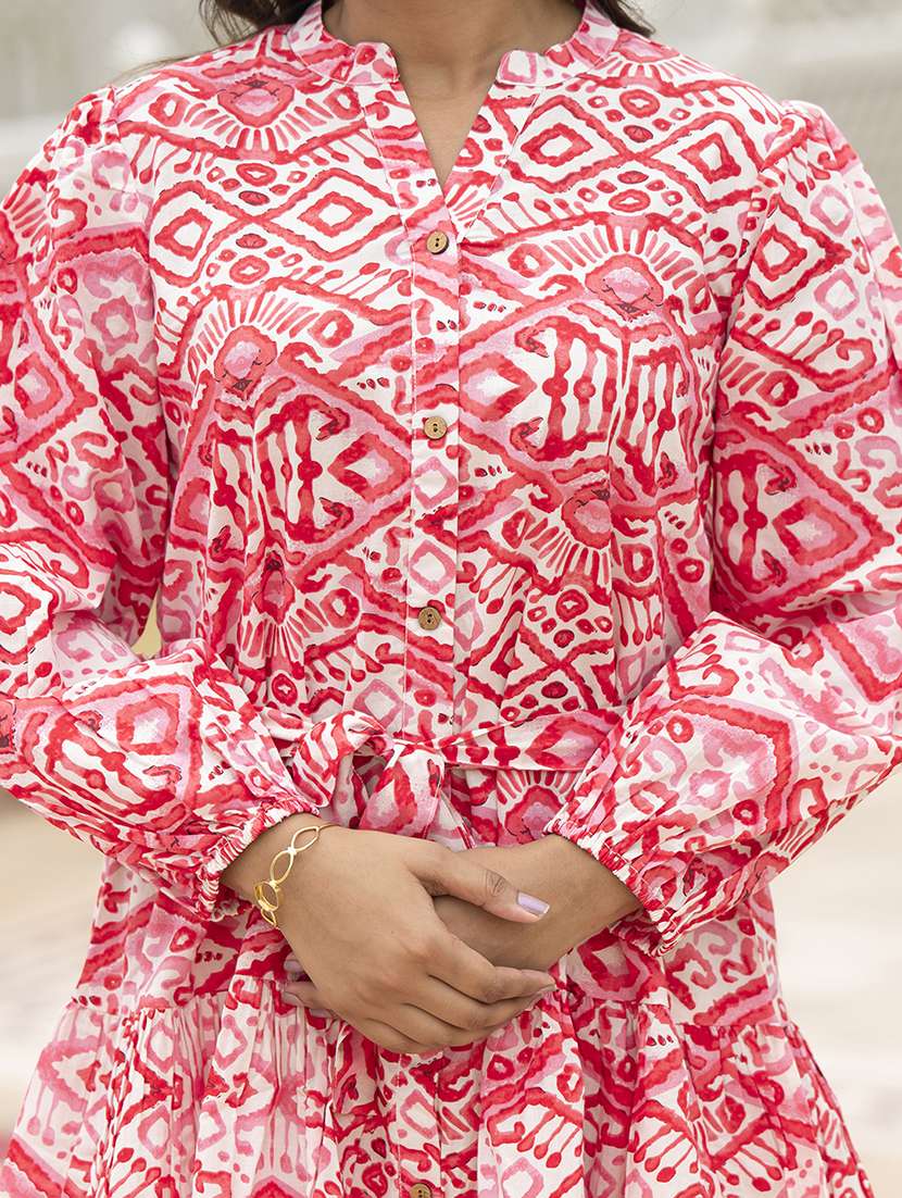 women printed mandarin neck puff sleeve fit & flare dress - 22069137 - Standard Image - 5