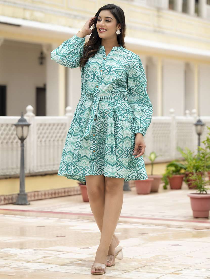 women printed puff sleeve fit & flare dress