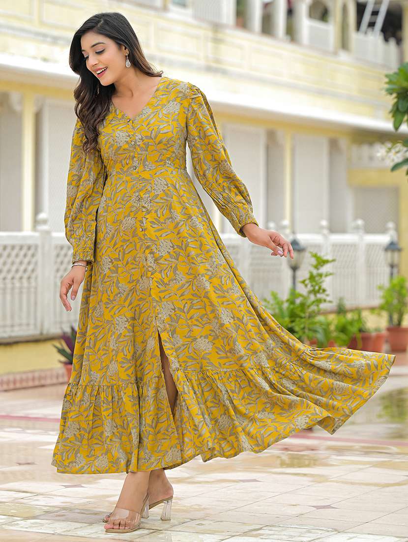 printed rayon maxi dress with long sleeves