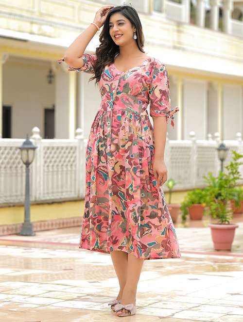 women printed puff sleeve fit & flare dress - 22069141 -  Standard Image - 0