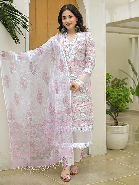 women printed long sleeve kurta pant with dupatta set