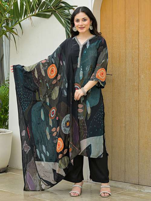 women printed three quarter sleeve kurta pant with dupatta set - 22069214 -  Standard Image - 0