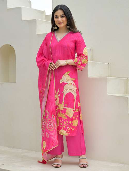 women printed three quarter sleeve kurta pant with dupatta set - 22069215 - Standard Image - 0