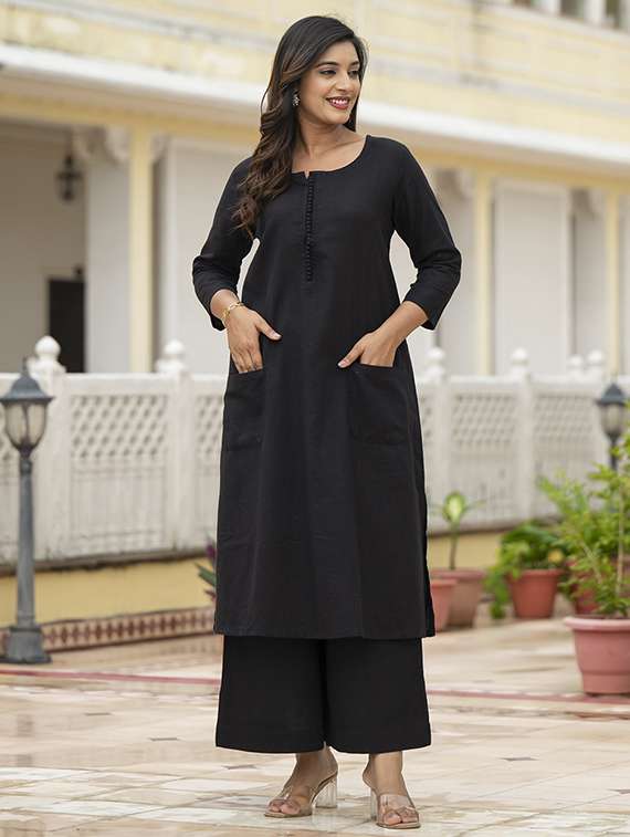 women solid three quarter sleeve kurta palazzo set