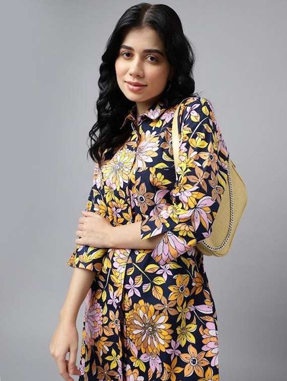 women floral print collared shirt dress
