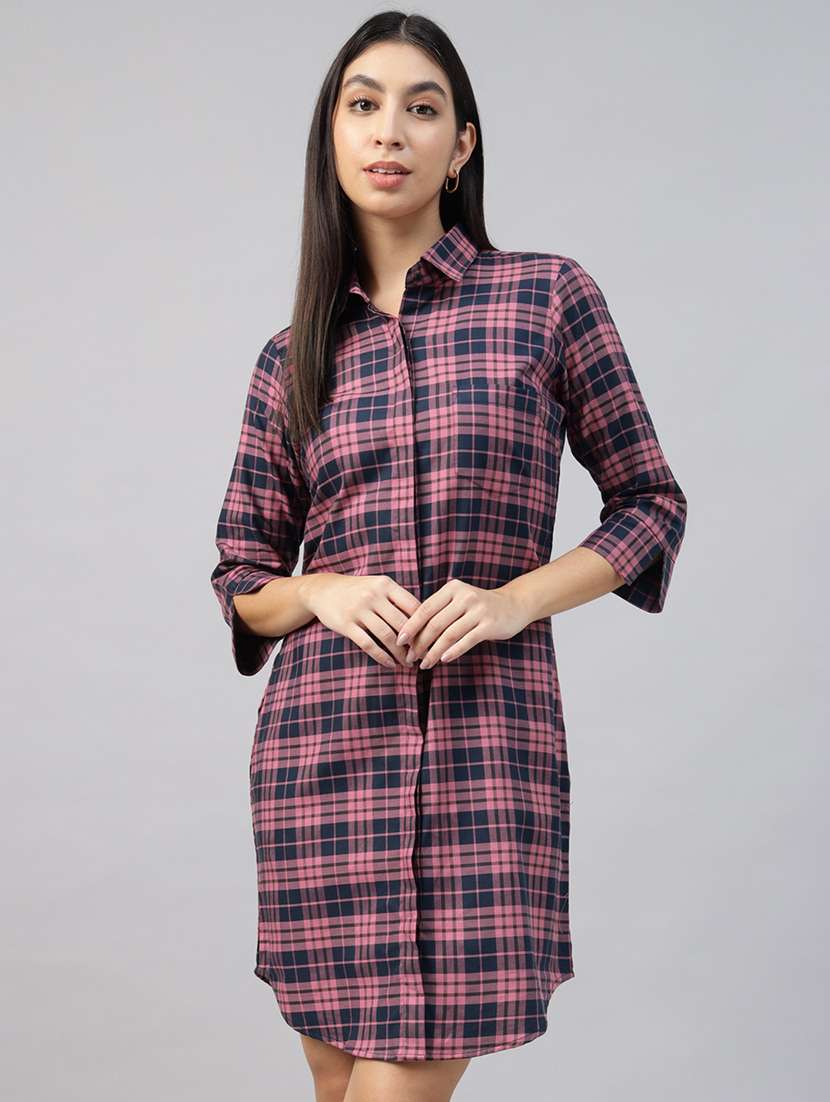 women checkered collared shirt dress