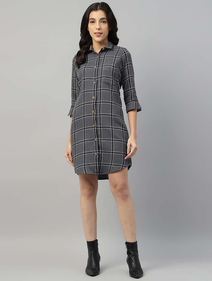 women checkered collared shirt dress