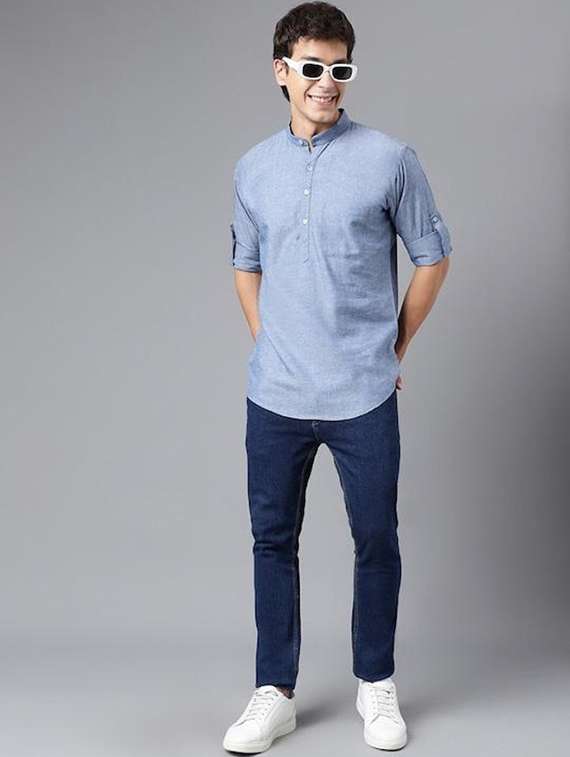 men mandarin neck long sleeve short kurta - 22069377 - Standard Image - 5
