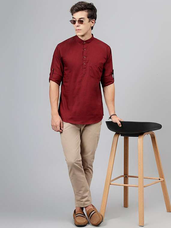 men mandarin neck long sleeve short kurta - 22069384 -  Standard Image - 3