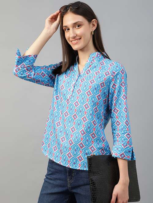 women printed three quarter sleeve regular fit top - 22069444 - Standard Image - 0