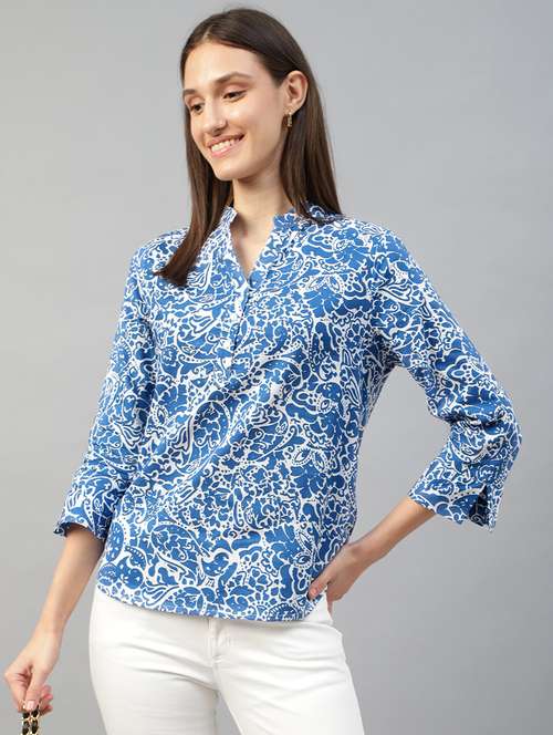 women printed three quarter sleeve regular fit top - 22069446 - Standard Image - 0