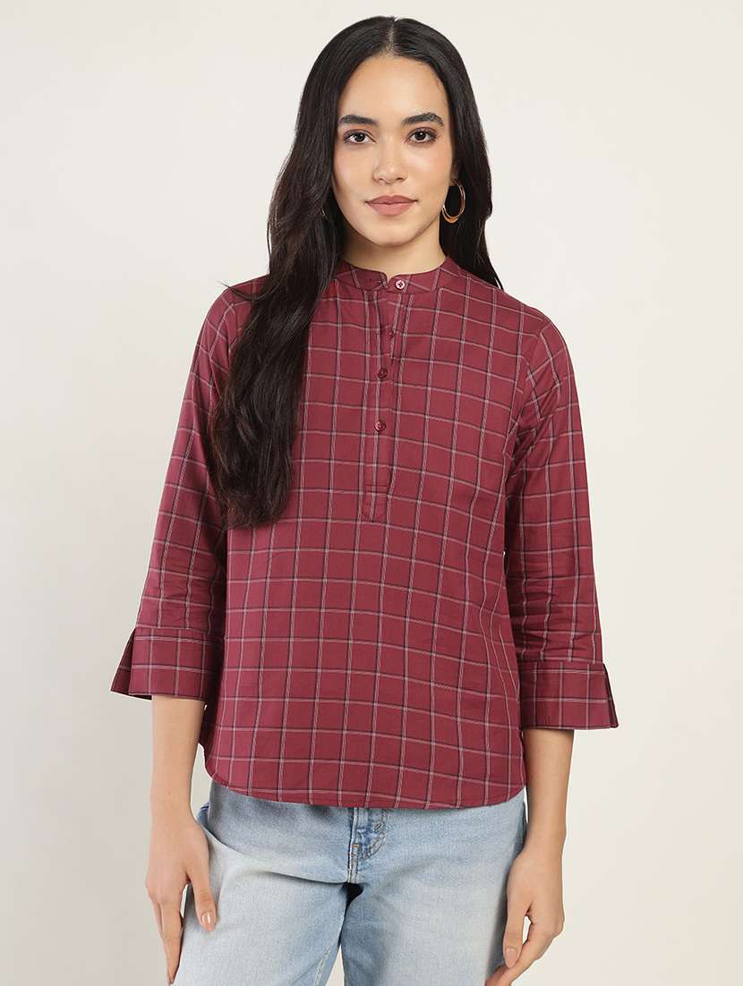 women checkered three quarter sleeve regular fit top - 22069452 - Zoom Image - 0