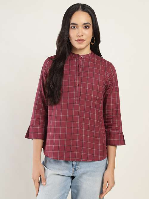 women checkered three quarter sleeve regular fit top - 22069453 - Standard Image - 0