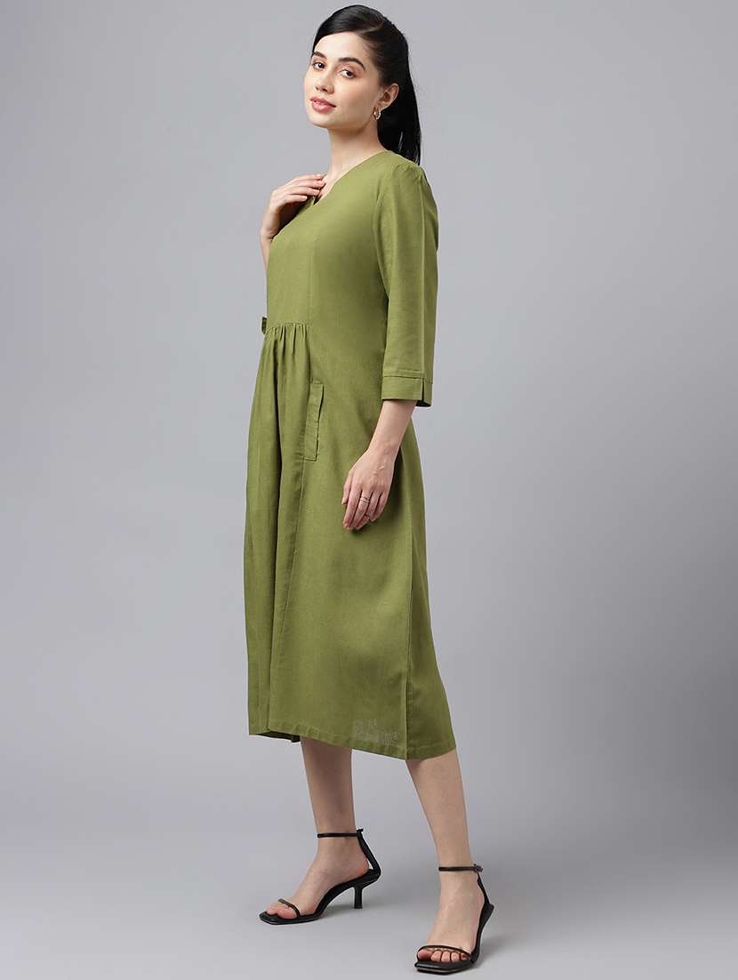 women olive solid notch neck a-line dress - 22069495 -  Standard Image - 3