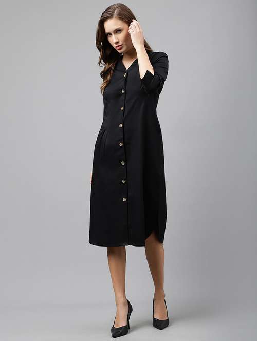 women black solid v-neck shirt dress - 22069502 -  Standard Image - 0