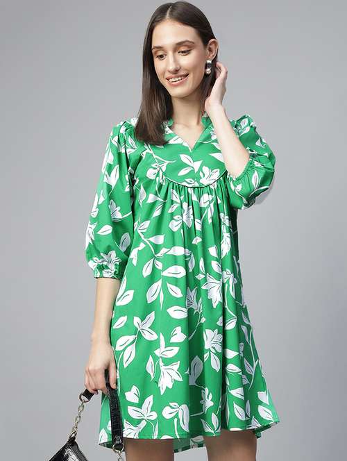 women green printed puff sleeve a-line dress - 22069510 -  Standard Image - 0