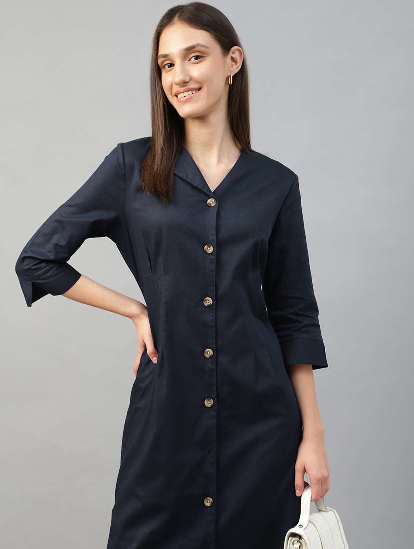 women navy blue solid three quarter sleeve shirt dress