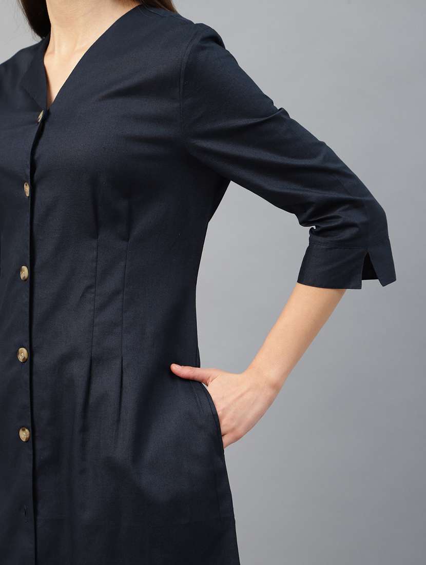 women navy blue solid three quarter sleeve shirt dress - 22069513 -  Standard Image - 3