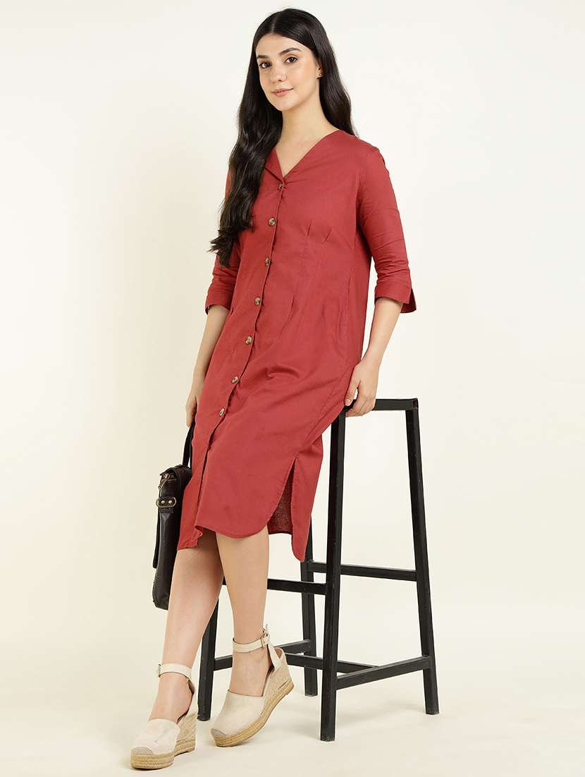 women solid three quarter sleeve shirt dress