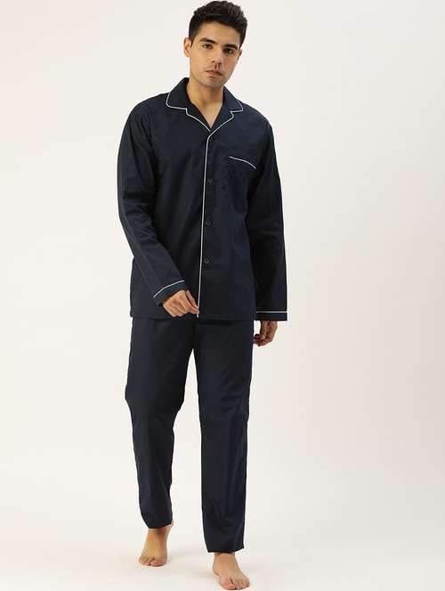 men navy blue solid long sleeve sleepwear set - 22069536 -  Standard Image - 0