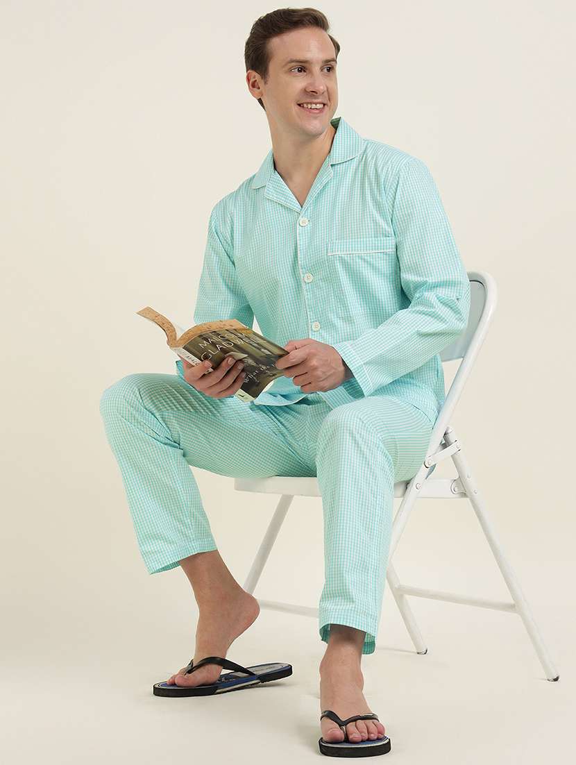 men checkered long sleeve sleepwear set