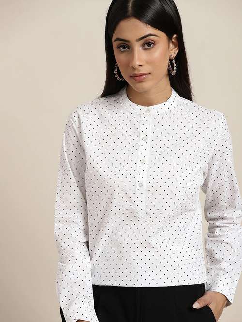 women polka doted mandarin neck long sleeve top - 22069592 -  Standard Image - 0