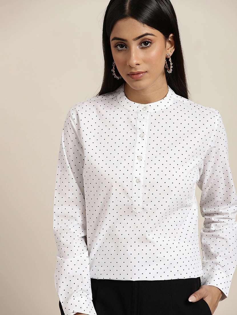 women polka doted mandarin neck long sleeve top