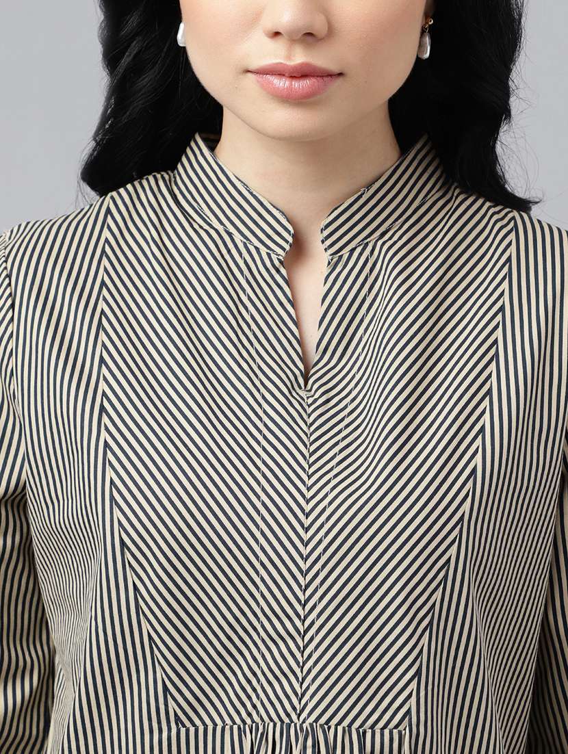 women striped mandarin neck long sleeve top - 22069594 - Standard Image - 3
