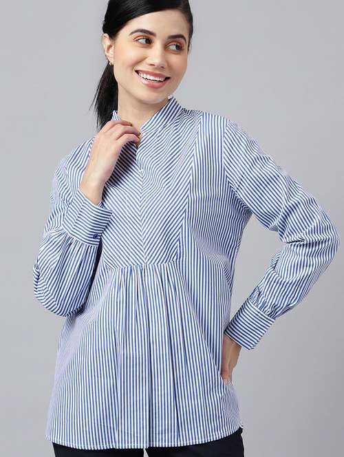 women striped mandarin neck long sleeve top - 22069595 - Standard Image - 0