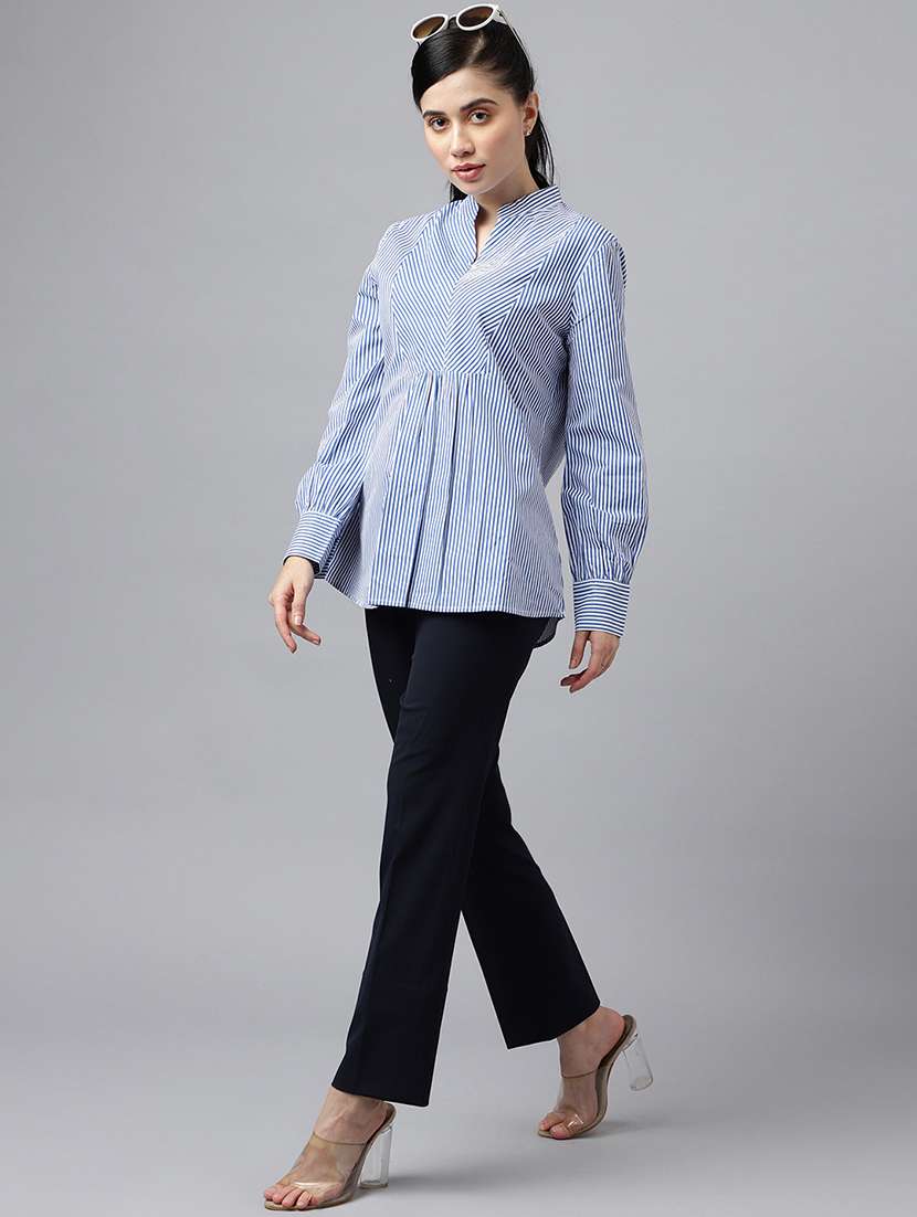 women striped mandarin neck long sleeve top - 22069595 - Standard Image - 3