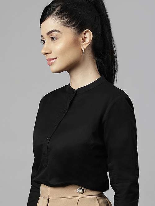 women solid mandarin neck long sleeve top - 22069600 -  Standard Image - 0