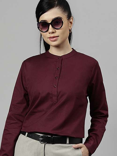 women solid mandarin neck long sleeve top - 22069601 -  Standard Image - 0