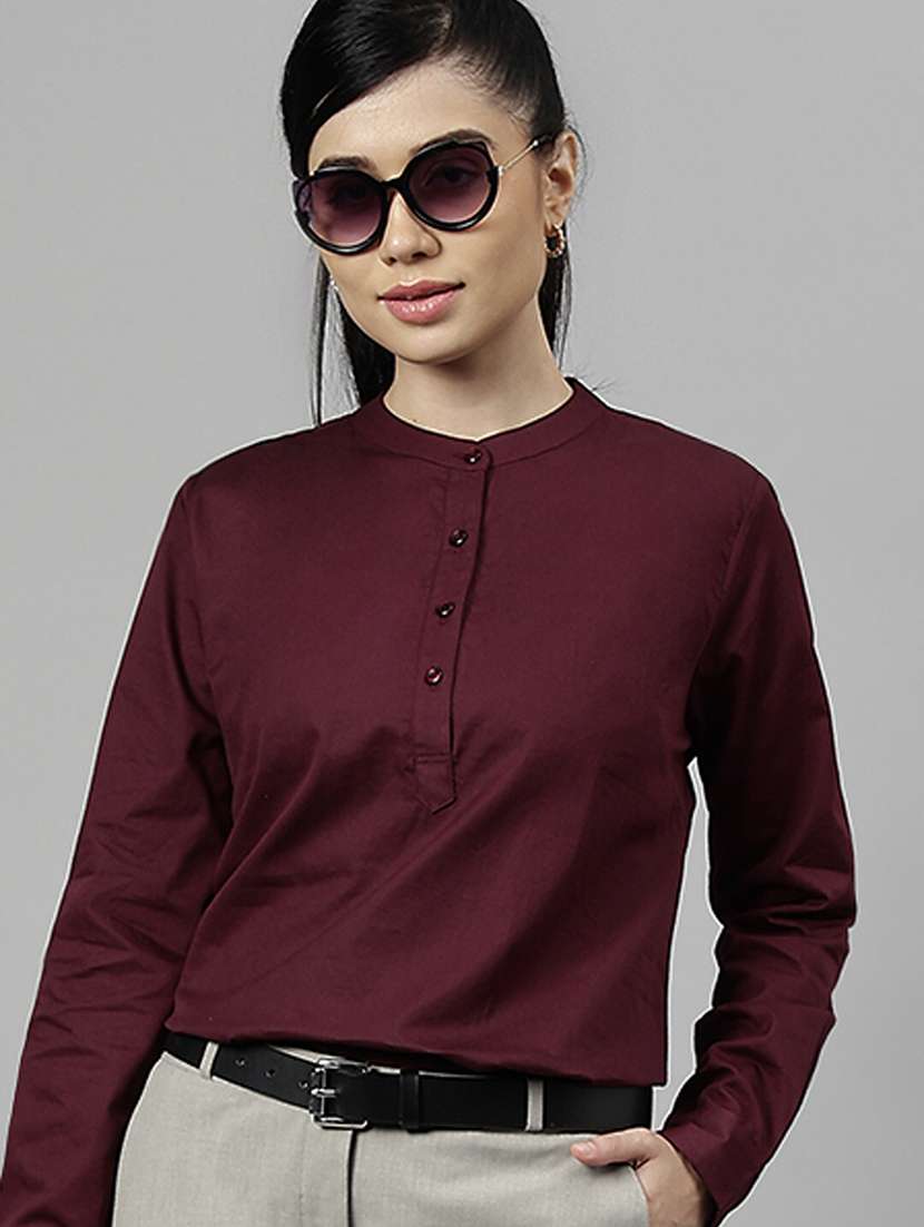 women solid mandarin neck long sleeve top - 22069601 -  Zoom Image - 0