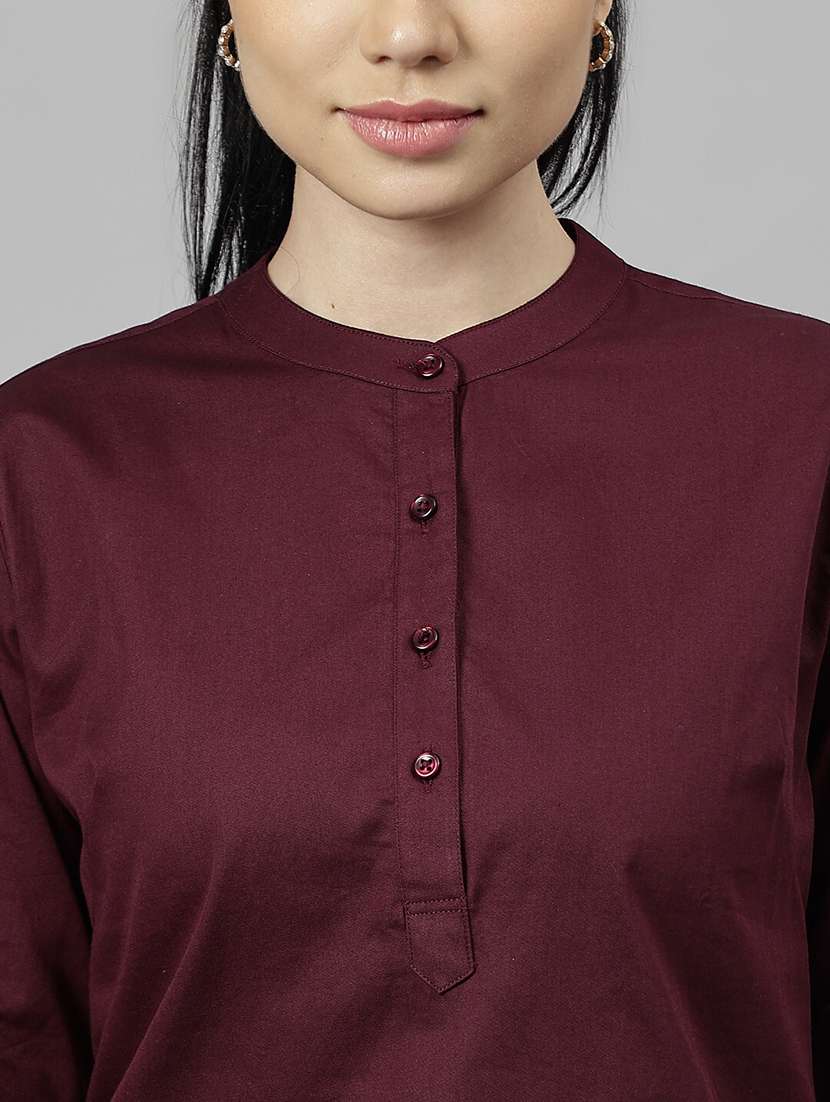women solid mandarin neck long sleeve top - 22069601 - Standard Image - 3
