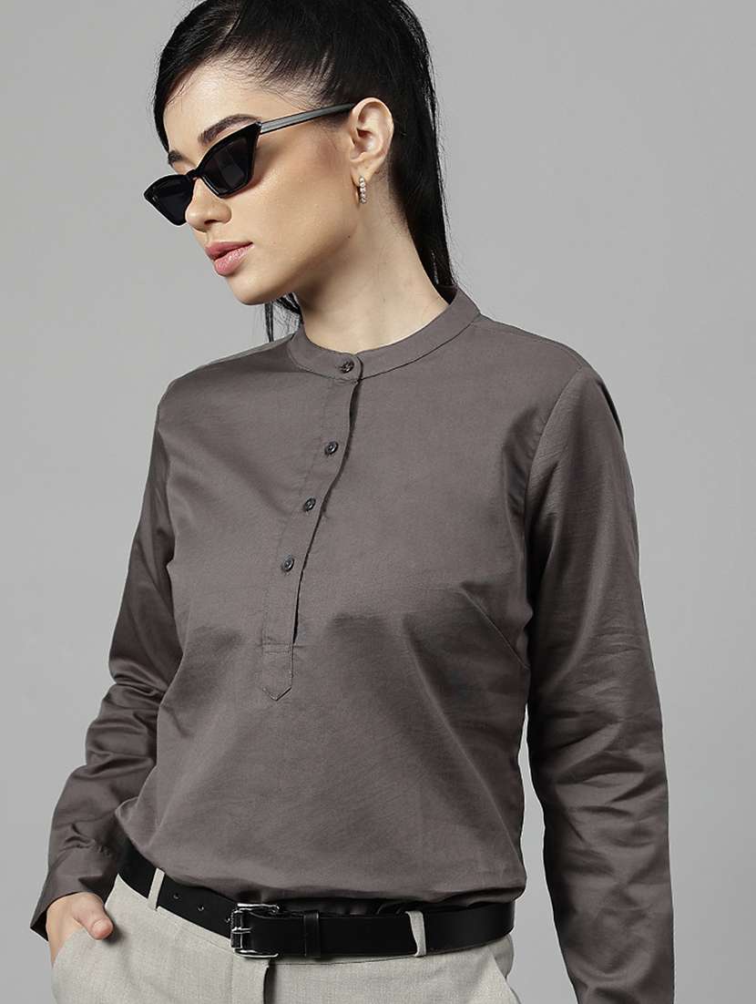women solid mandarin neck long sleeve top - 22069602 - Zoom Image - 0