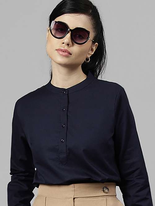 women solid mandarin neck long sleeve top - 22069603 -  Standard Image - 0
