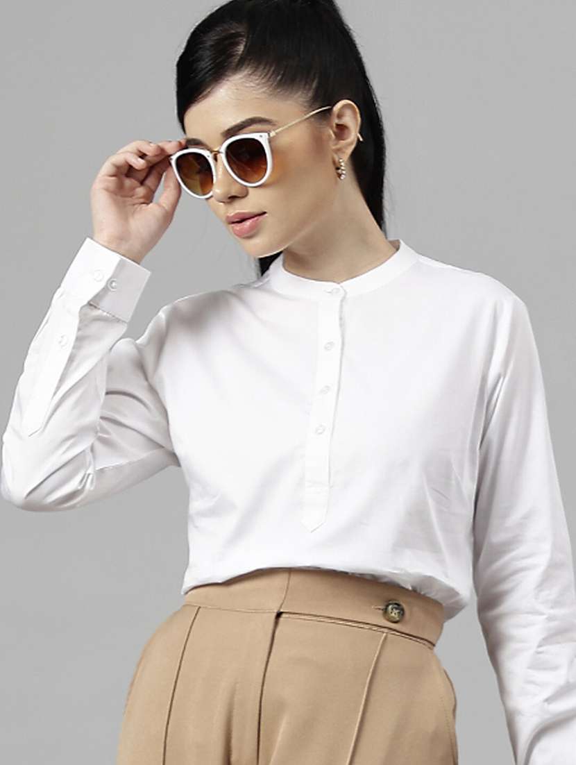 women solid mandarin neck long sleeve top - 22069604 - Zoom Image - 0